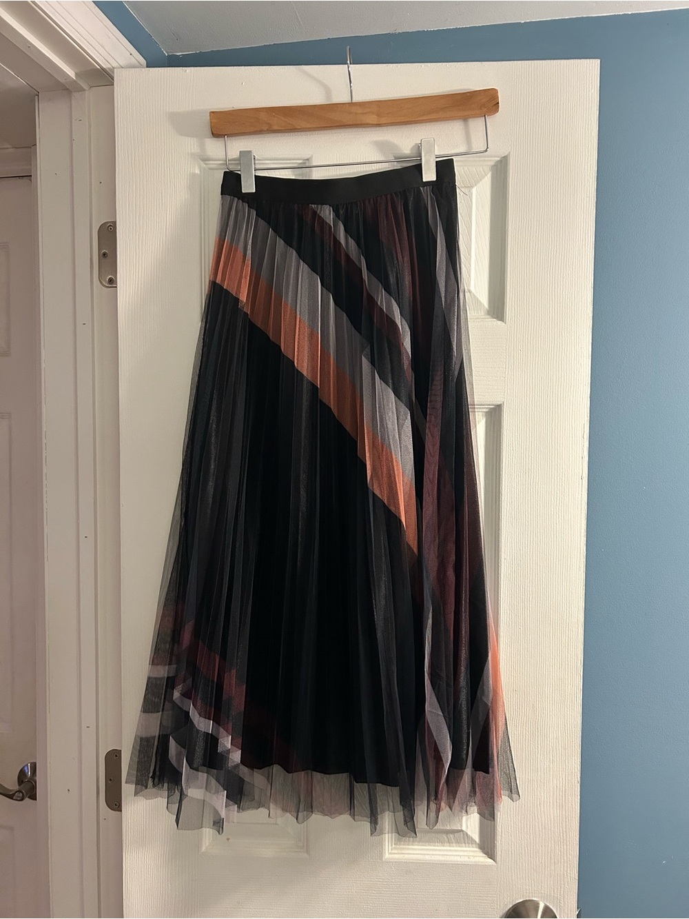New Mix Black Pleated Midi Skirt with Rust and Gray Stripes